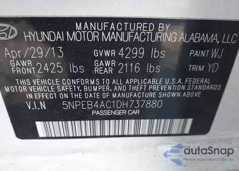 2013 Hyundai Sonata Gls from USA, damaged, VIN 5NPEB4AC1DH737880